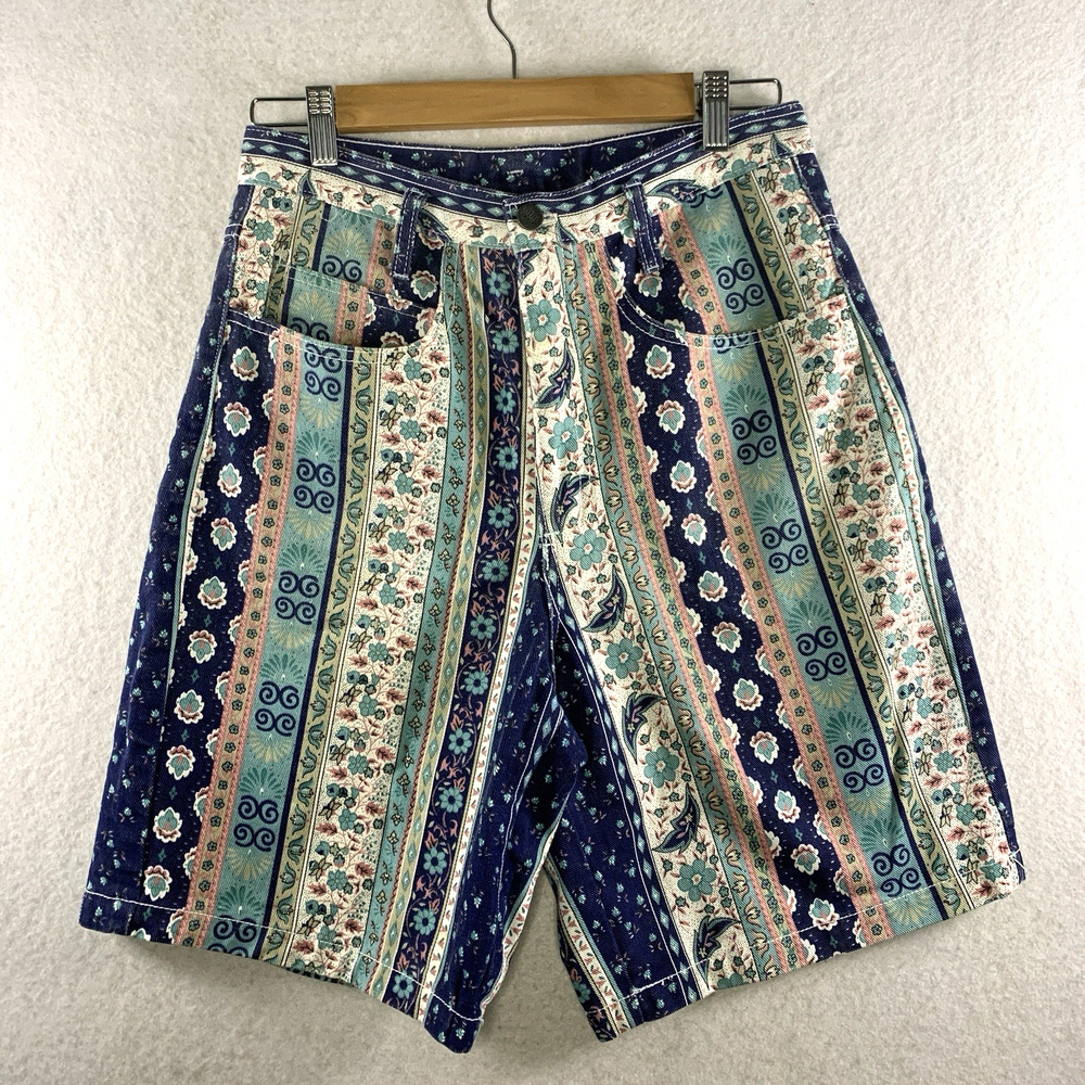 VTG 90s Womens‎ Floral Denim Jean Shorts Jorts Sz 28 Cottage Country High Rise